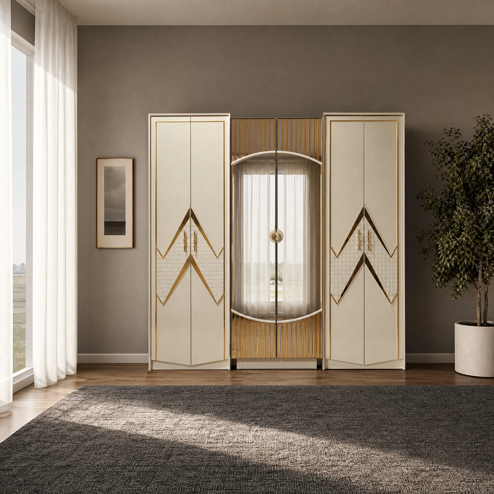 Kleiderschrank 242 cm mit goldenen Winkel-Einlagen, freigestellt aufgenommen