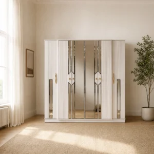 Kleiderschrank 260 cm mit Rillenfront und Spiegeltüren, freigestellt aufgenommen