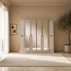Kleiderschrank 260 cm mit Bogenapplikationen und Spiegeltüren, freigestellt