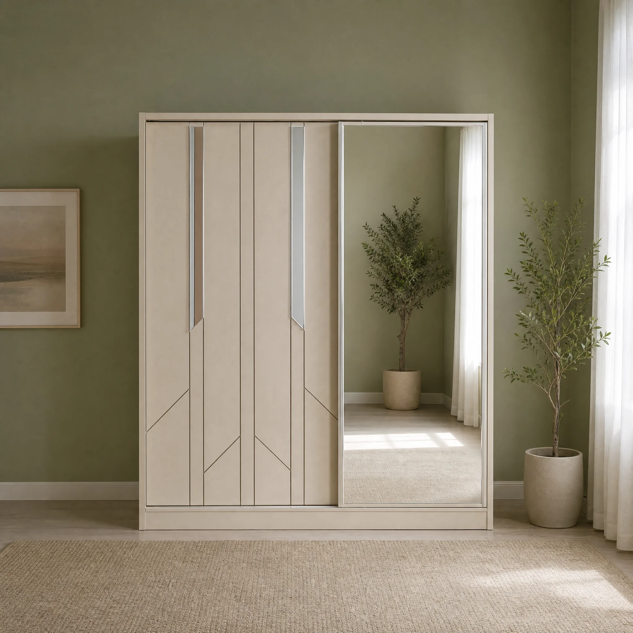 Kleiderschrank 200 cm mit eingefrästen Linien und Spiegeltür, freigestellt