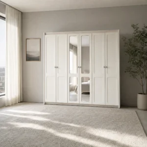 Kleiderschrank 235 cm mit Rahmenfronten und zwei Spiegeltüren, freigestellt