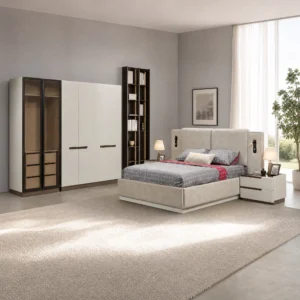 Evola Schlafzimmer komplett, Gesamtansicht mit Kleiderschrank, Kommode und Bett