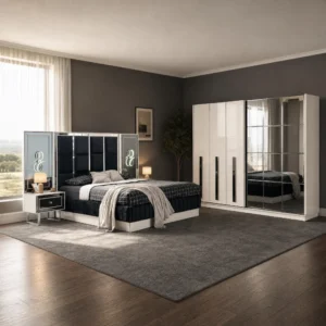 Hira Schlafzimmer komplett, Gesamtansicht mit Kleiderschrank, Kommode und Bett