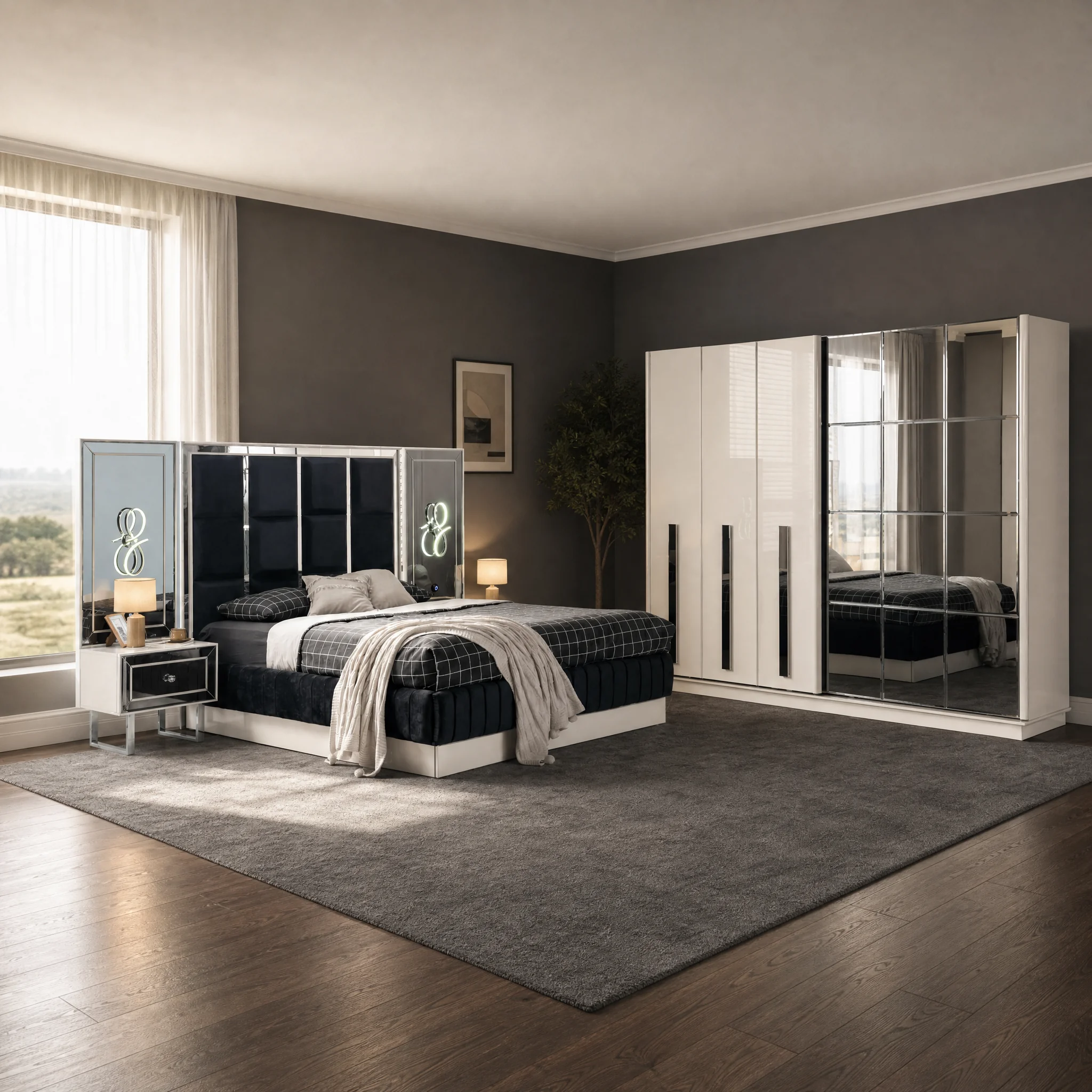 Hira Schlafzimmer komplett, Gesamtansicht mit Kleiderschrank, Kommode und Bett