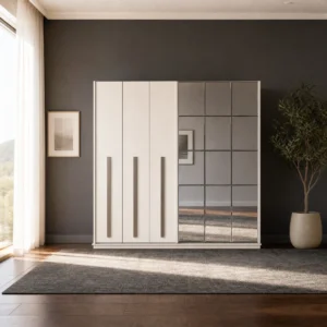 Kleiderschrank 242 cm mit Chromgriffleisten und Spiegelfläche, freigestellt