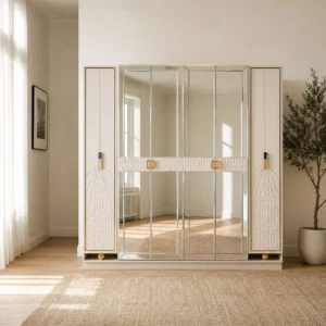 Kleiderschrank 242 cm mit Palmettenfräsung und Wabenrelief, freigestellt