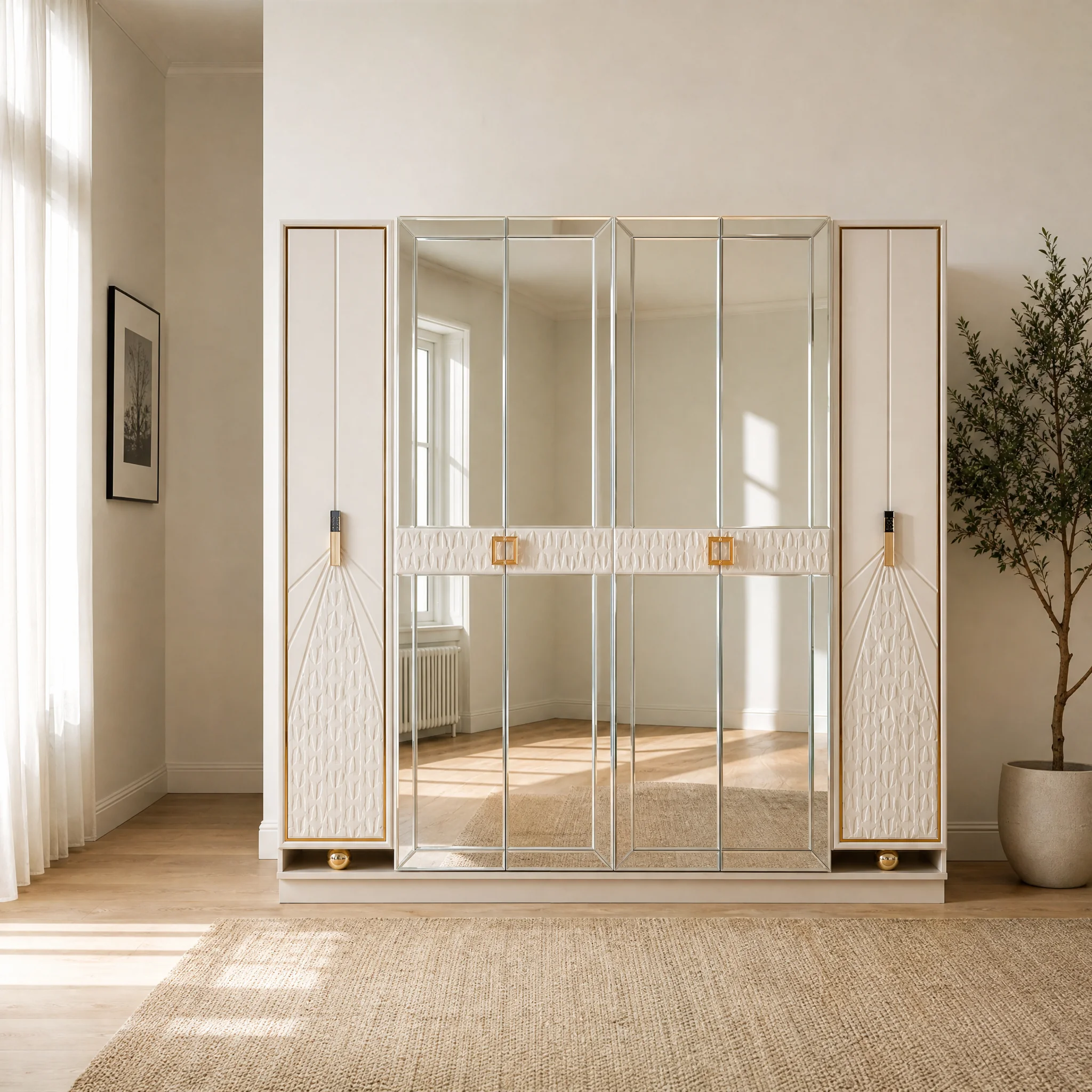 Kleiderschrank 242 cm mit Palmettenfräsung und Wabenrelief, freigestellt