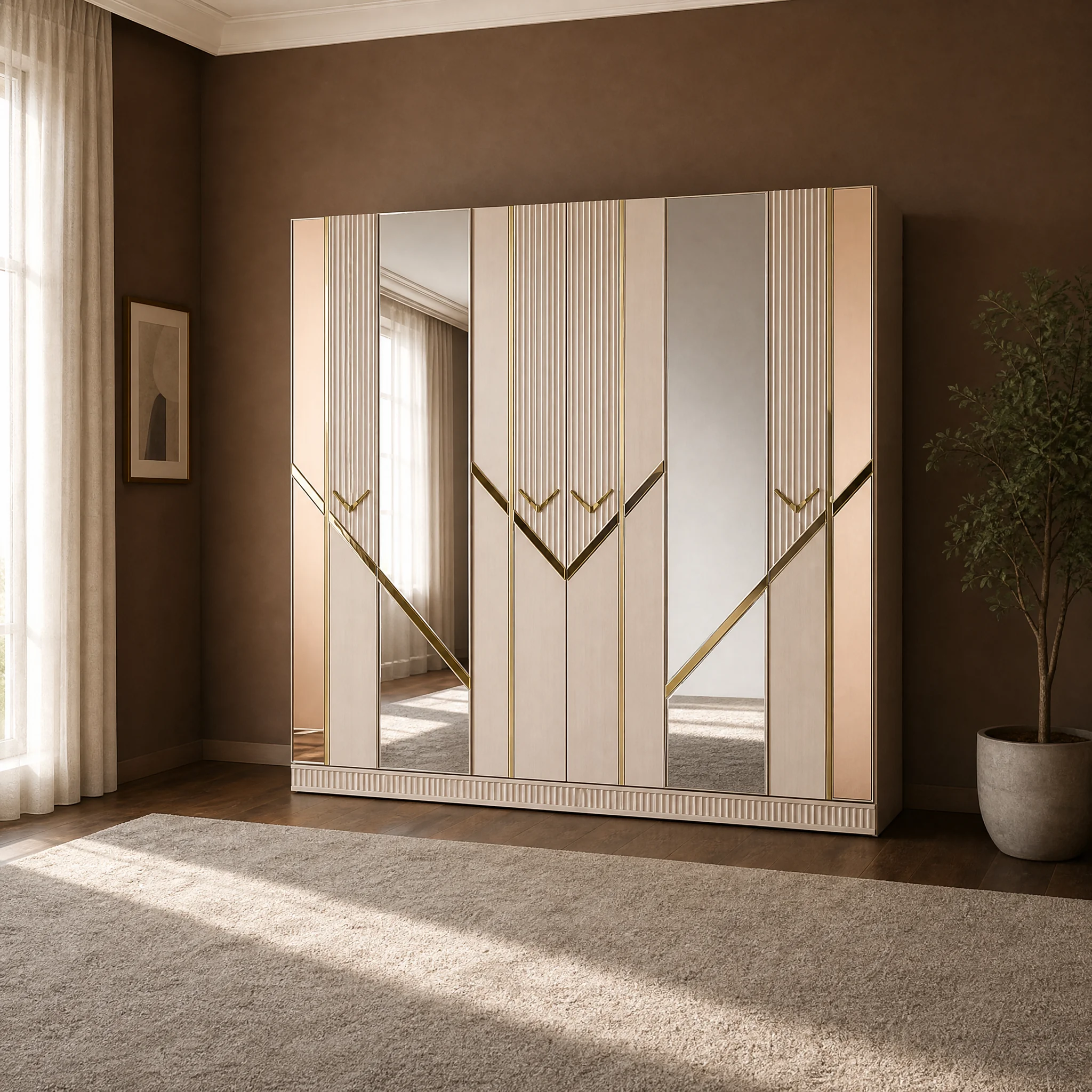 Kleiderschrank 240 cm mit goldenen Diagonalleisten und Bronzespiegel, freigestellt