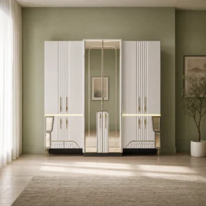 Kleiderschrank 242 cm mit Lichtband und Bronzespiegeltüren, freigestellt