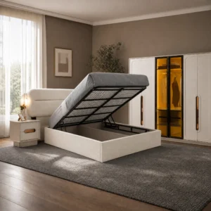 Bett mit geöffnetem Bettkasten, Metallrahmen und Stauraum unter der Liegefläche