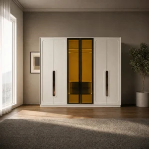 Kleiderschrank 245 cm mit beleuchtetem Glasfach und Griffmulden, freigestellt