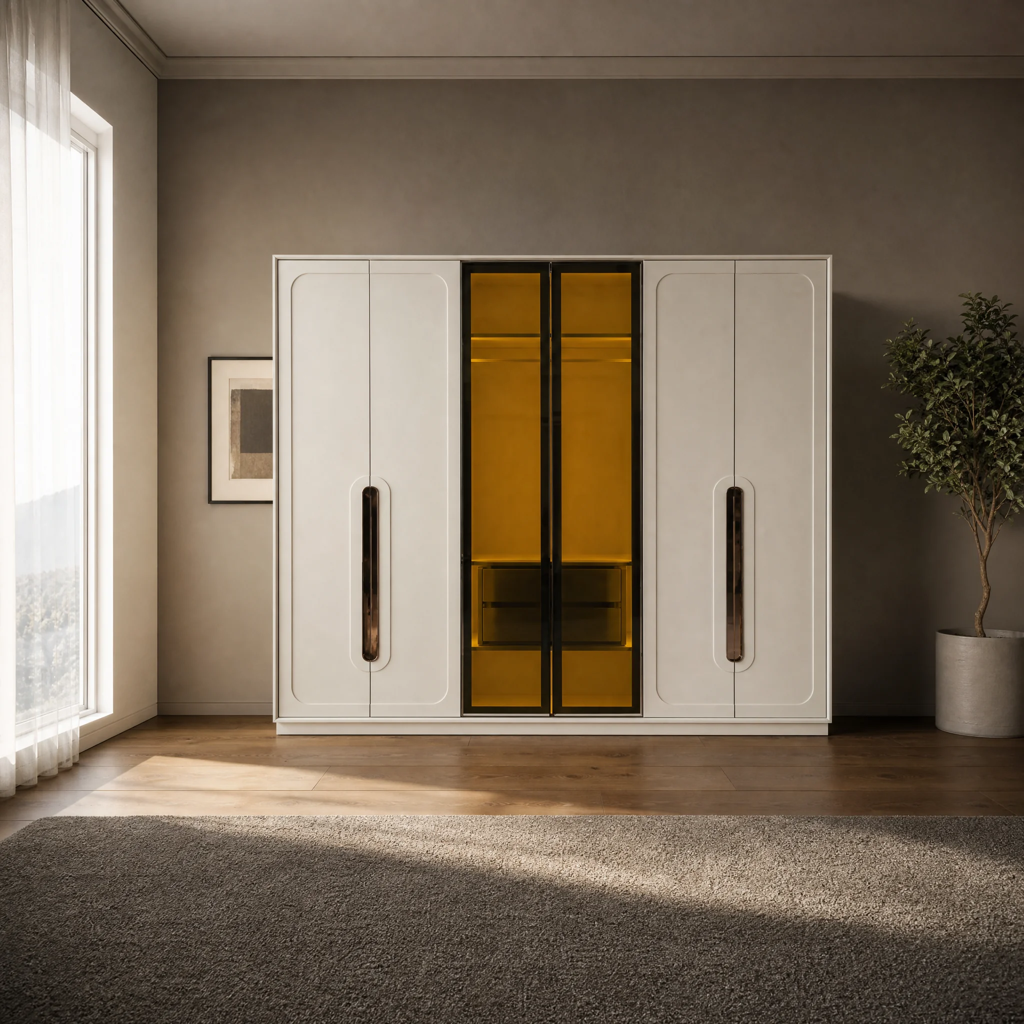 Kleiderschrank 245 cm mit beleuchtetem Glasfach und Griffmulden, freigestellt
