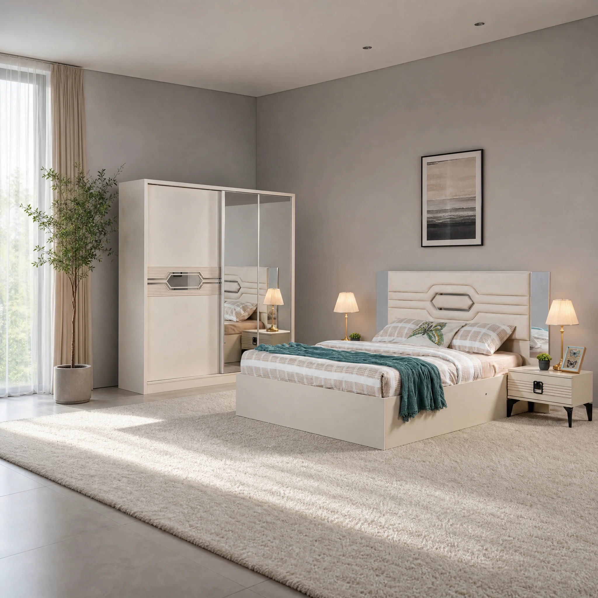 Londra Schlafzimmer komplett, Gesamtansicht mit Kleiderschrank, Kommode und Bett