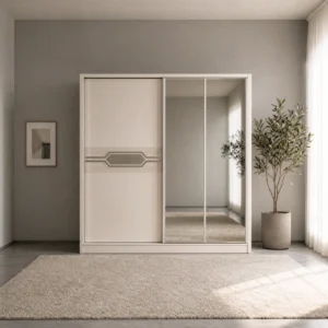 Kleiderschrank 200 cm mit Rillenband und Chromintarsie, freigestellt