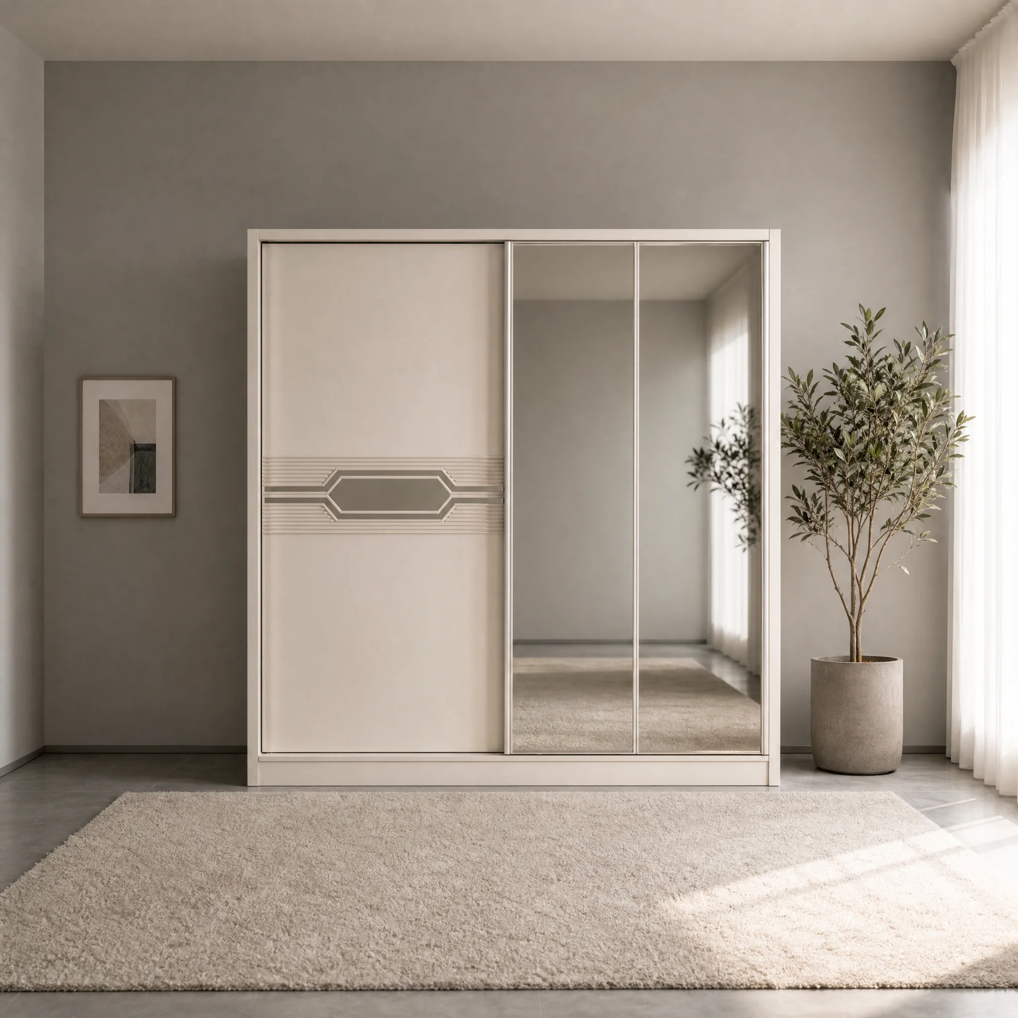 Kleiderschrank 200 cm mit Rillenband und Chromintarsie, freigestellt