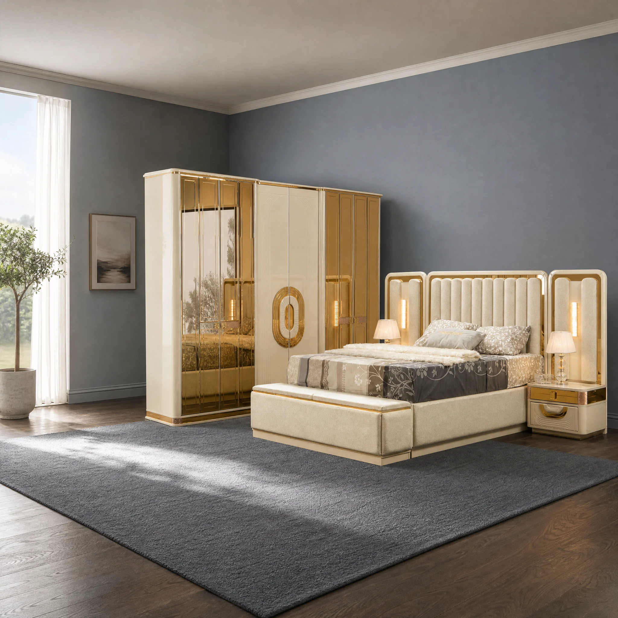 Lotto Schlafzimmer komplett, Gesamtansicht mit Kleiderschrank, Kommode und Bett