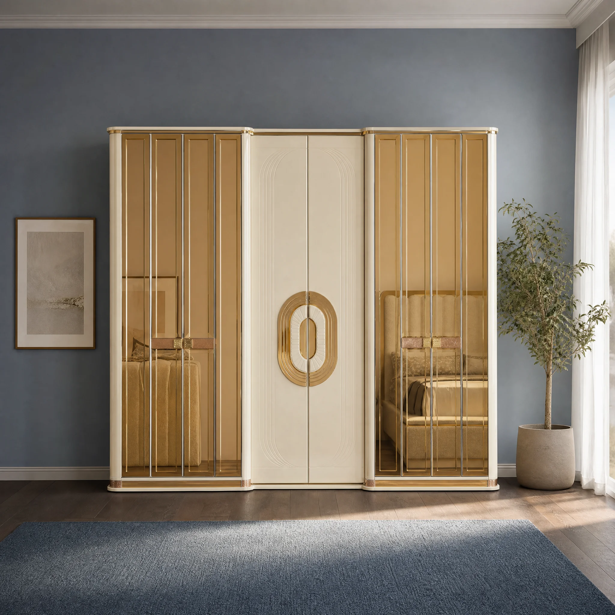 Kleiderschrank 265 cm mit Bronzespiegeltüren und ovalem Goldgriff, freigestellt