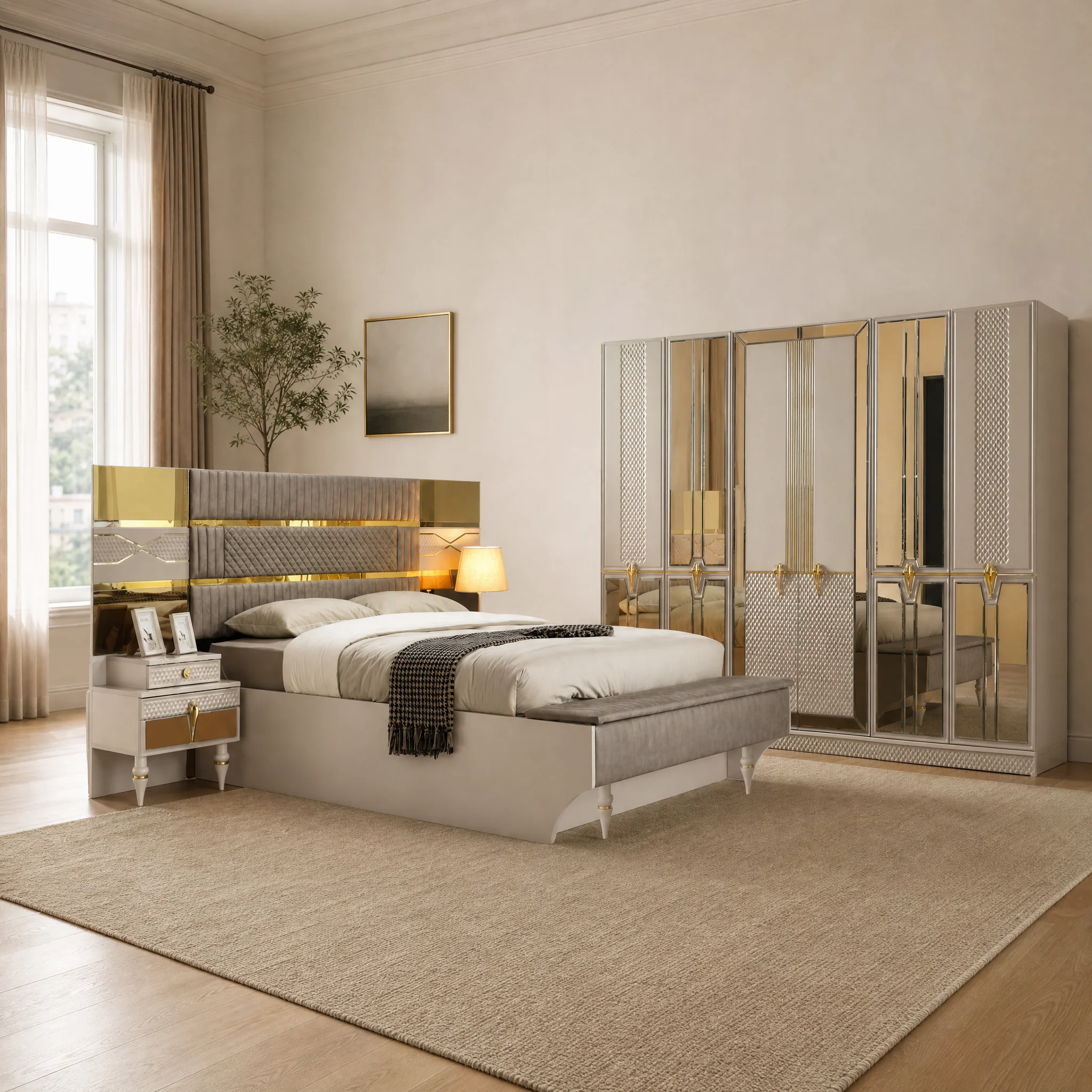 Marsilya Schlafzimmer komplett, Gesamtansicht mit Kleiderschrank, Kommode und Bett