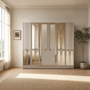 Kleiderschrank 240 cm mit Rautenprägung und Spiegeltüren, freigestellt