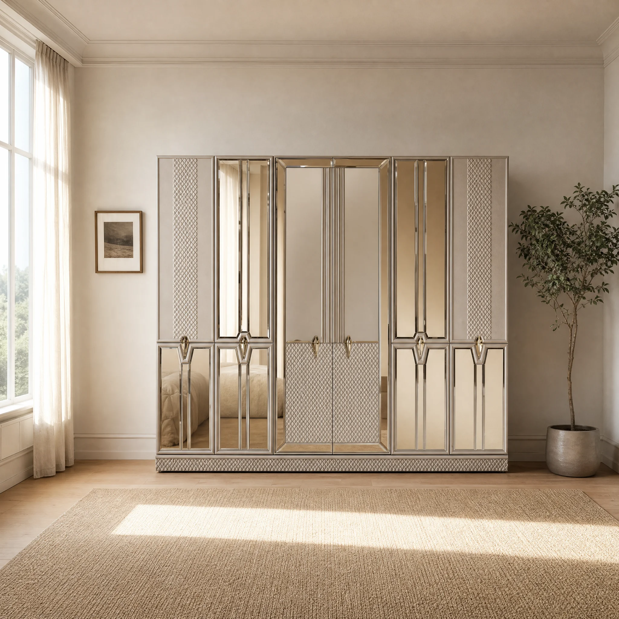 Kleiderschrank 240 cm mit Rautenprägung und Spiegeltüren, freigestellt