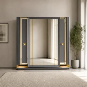 Kleiderschrank 242 cm mit Kannelierung und goldenen Quadraten, freigestellt