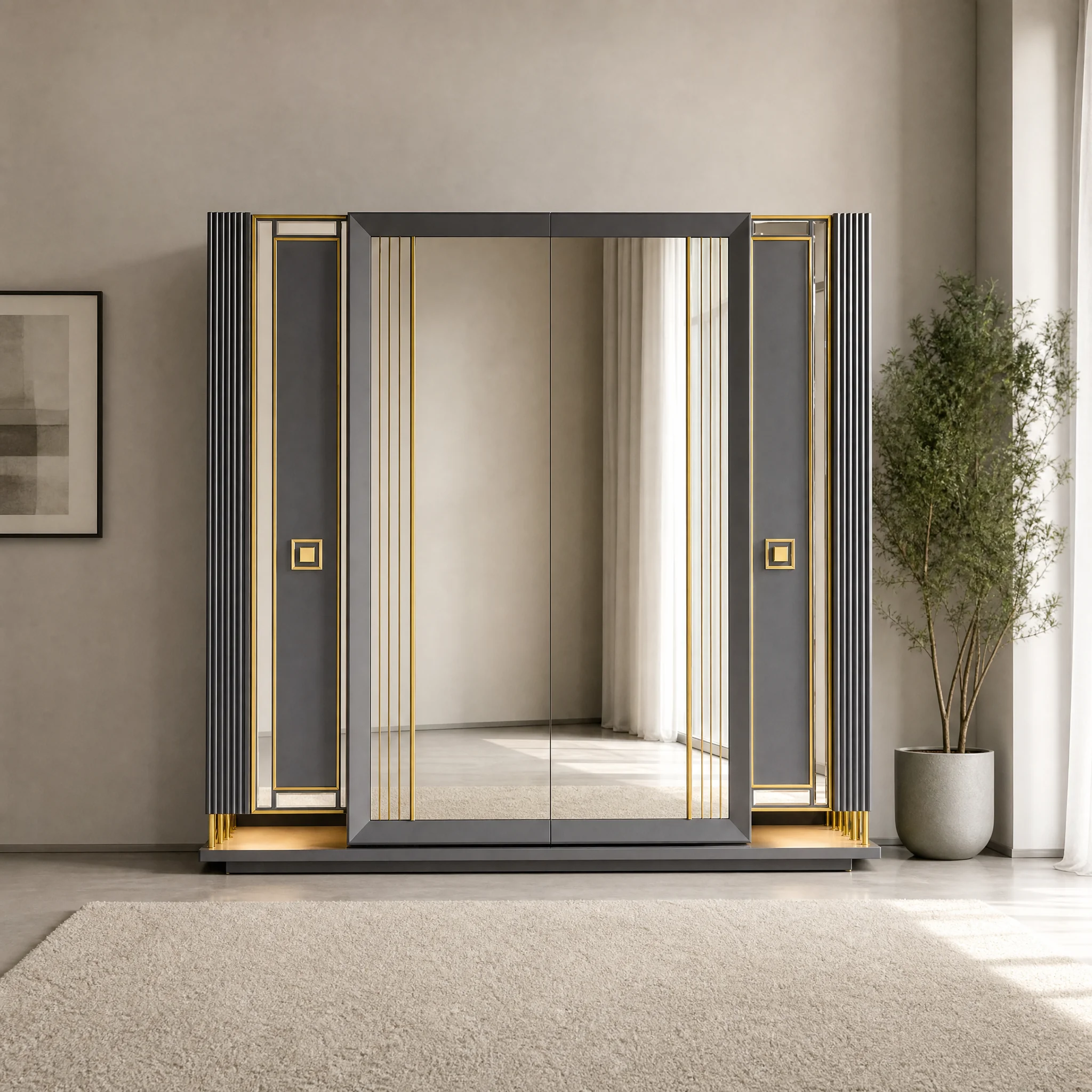 Kleiderschrank 242 cm mit Kannelierung und goldenen Quadraten, freigestellt