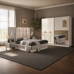 Mira Schlafzimmer komplett, Gesamtansicht mit Kleiderschrank, Kommode und Bett