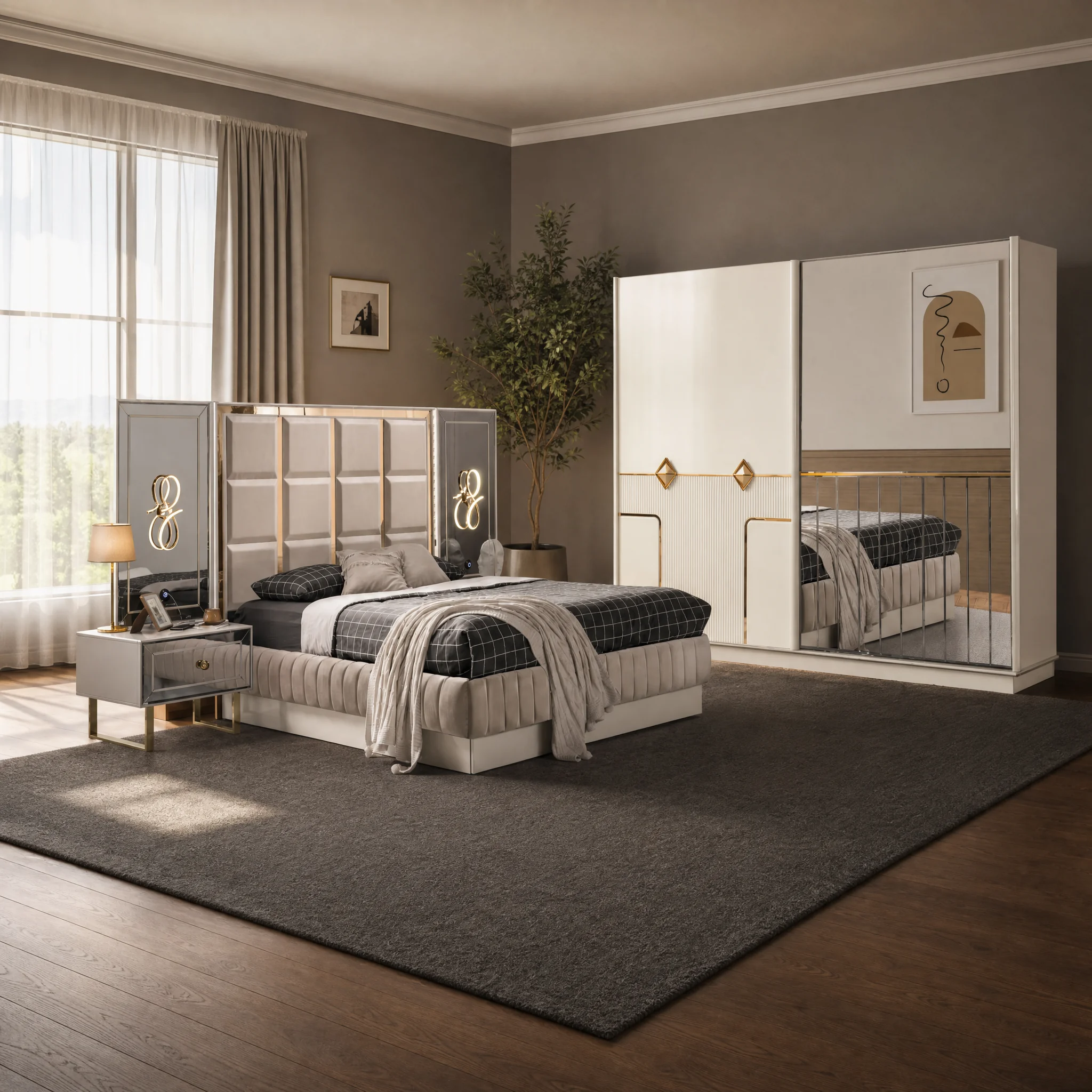 Mira Schlafzimmer komplett, Gesamtansicht mit Kleiderschrank, Kommode und Bett