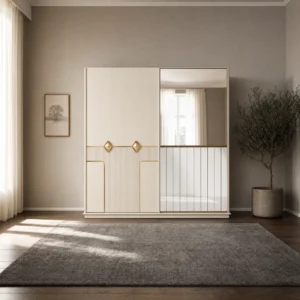 Kleiderschrank 260 cm mit zwei Schiebetüren und Spiegelfläche, freigestellt