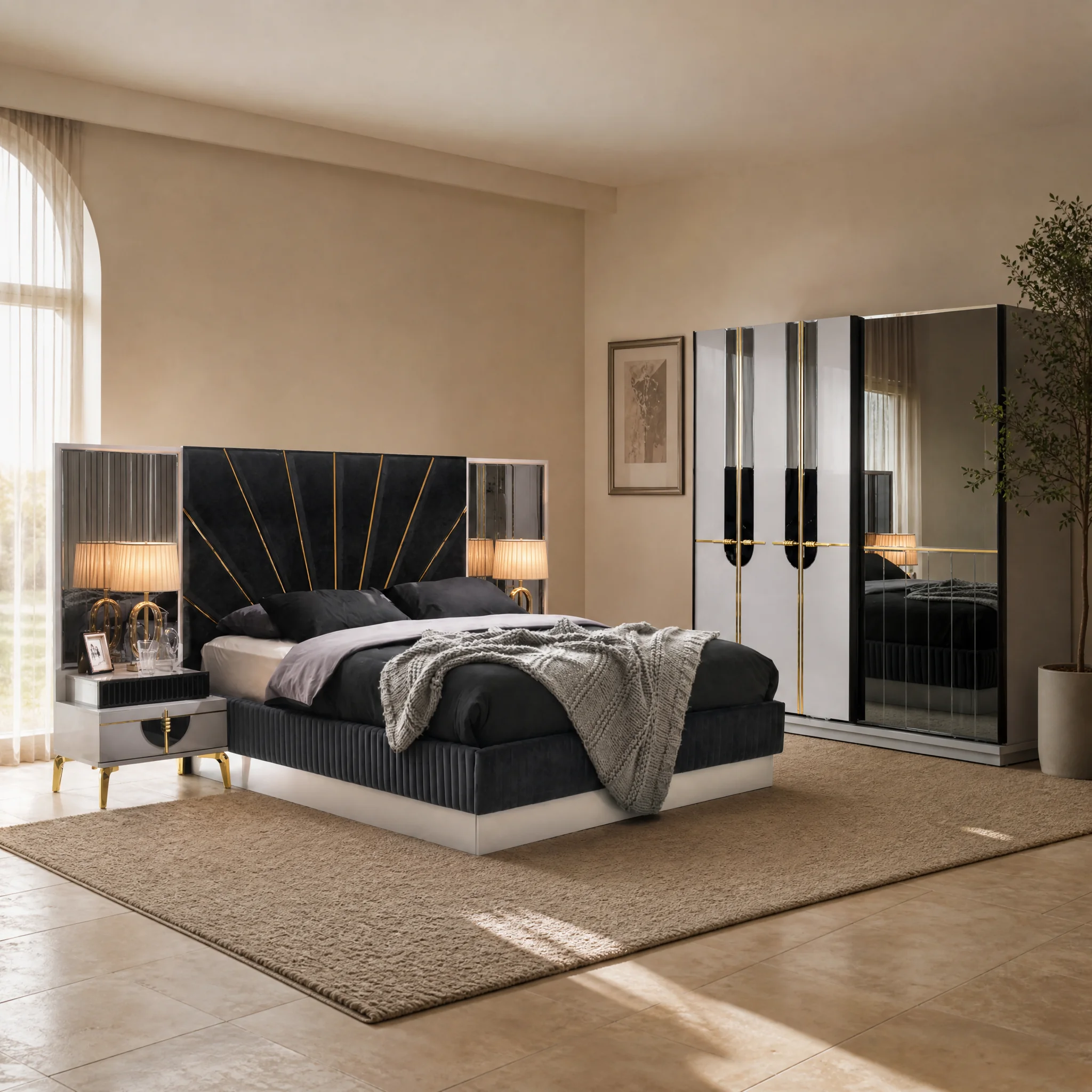 New York Schlafzimmer komplett, Gesamtansicht mit Kleiderschrank, Kommode und Bett