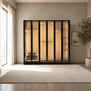 Kleiderschrank 240 cm mit sechs beleuchteten Glastüren, freigestellt