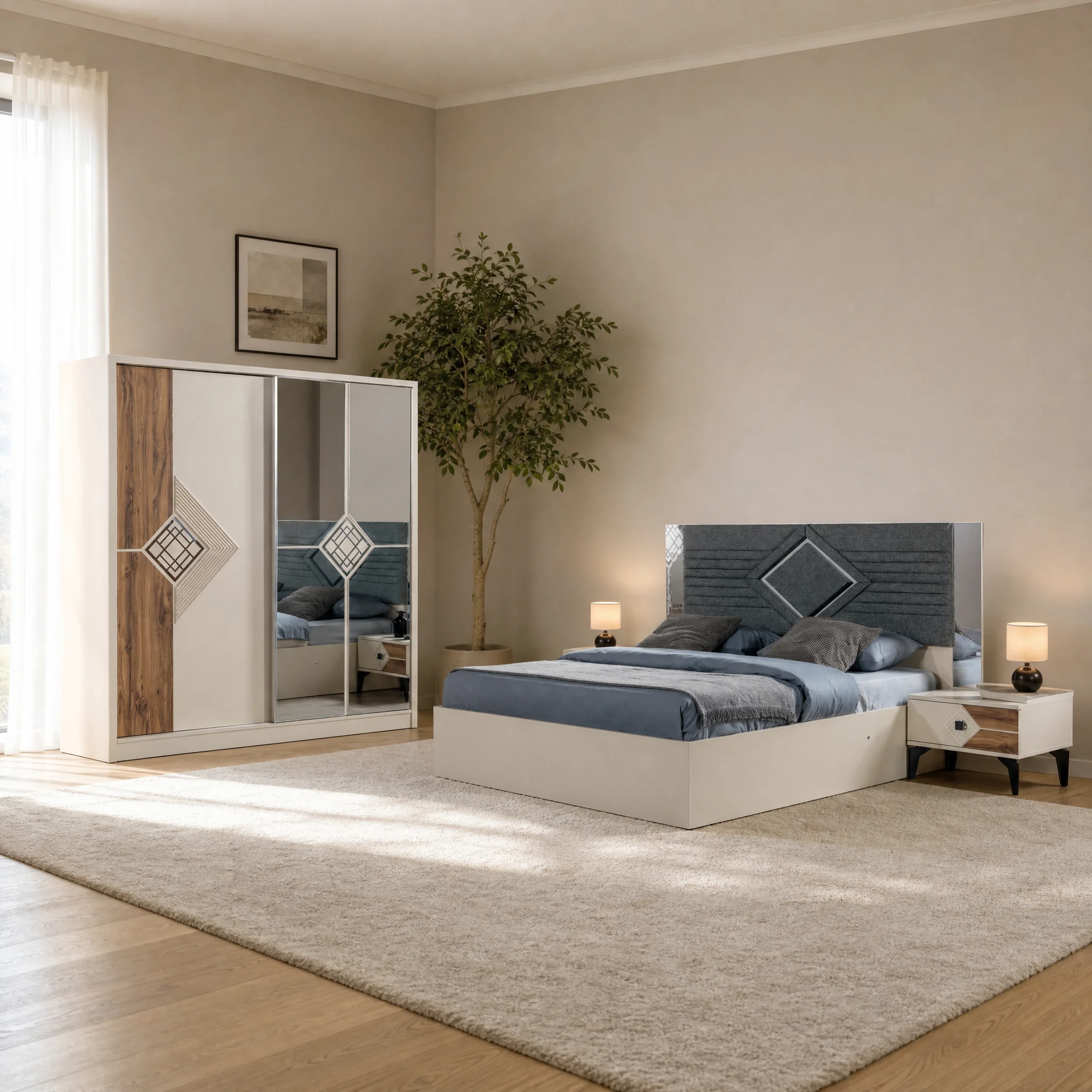 Rabat Schlafzimmer komplett, Gesamtansicht mit Kleiderschrank, Kommode und Bett