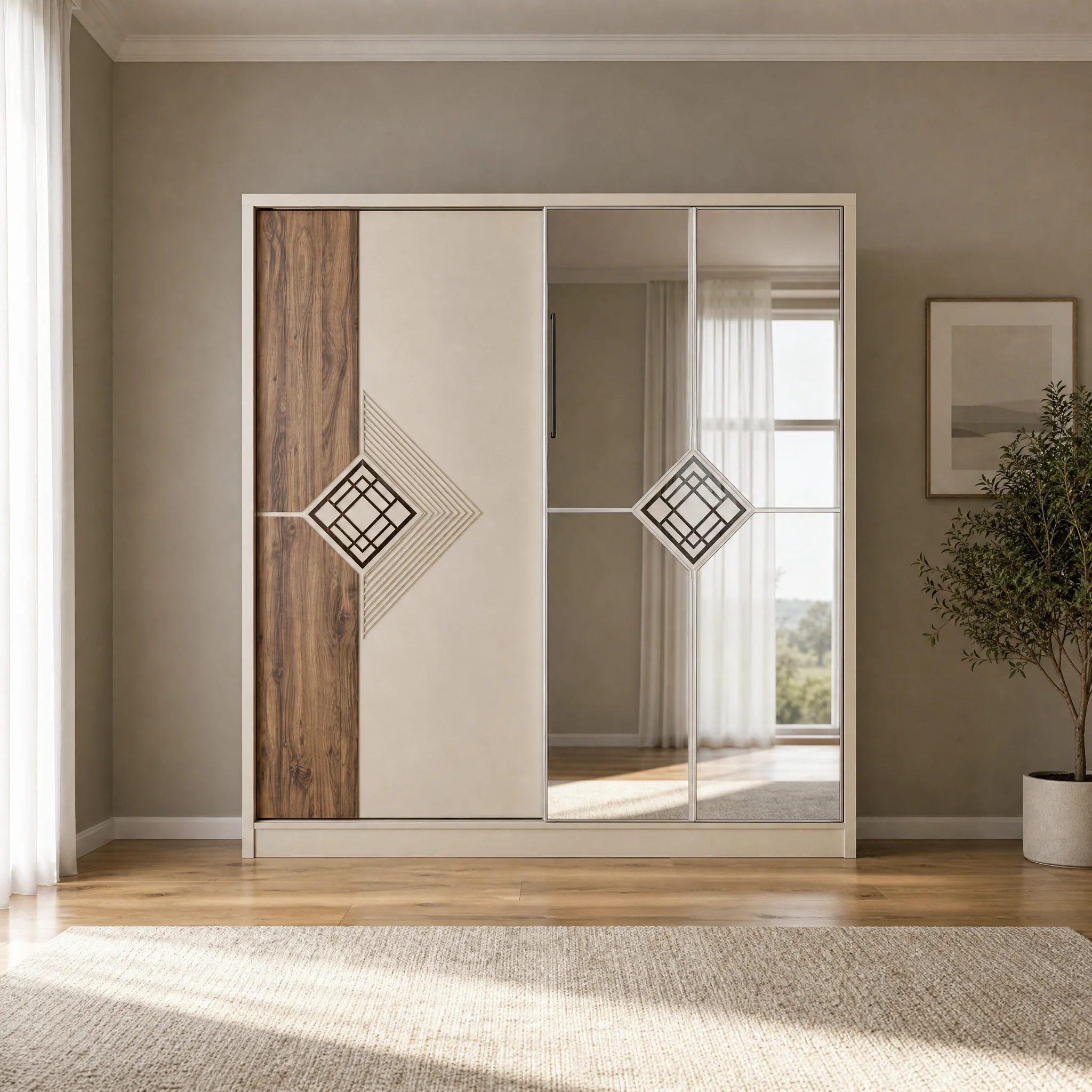 Kleiderschrank 200 cm mit zwei Schiebetüren und Spiegelfläche, freigestellt