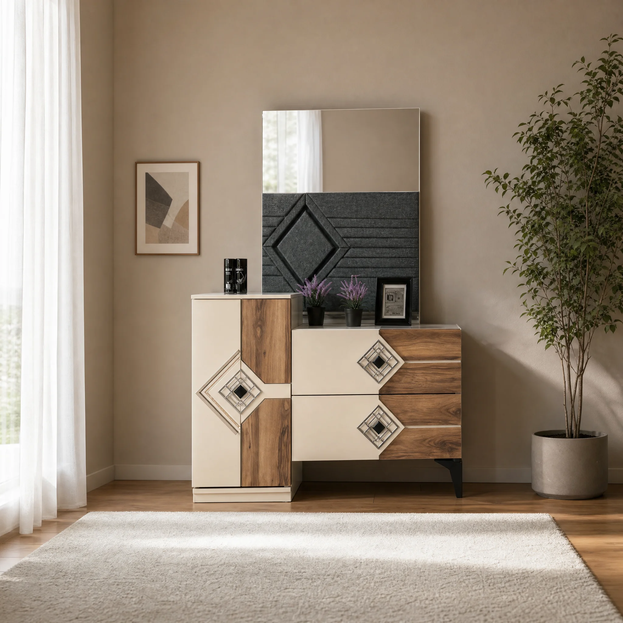 Kommode mit Spiegel, 132 cm breit und 80 cm hoch