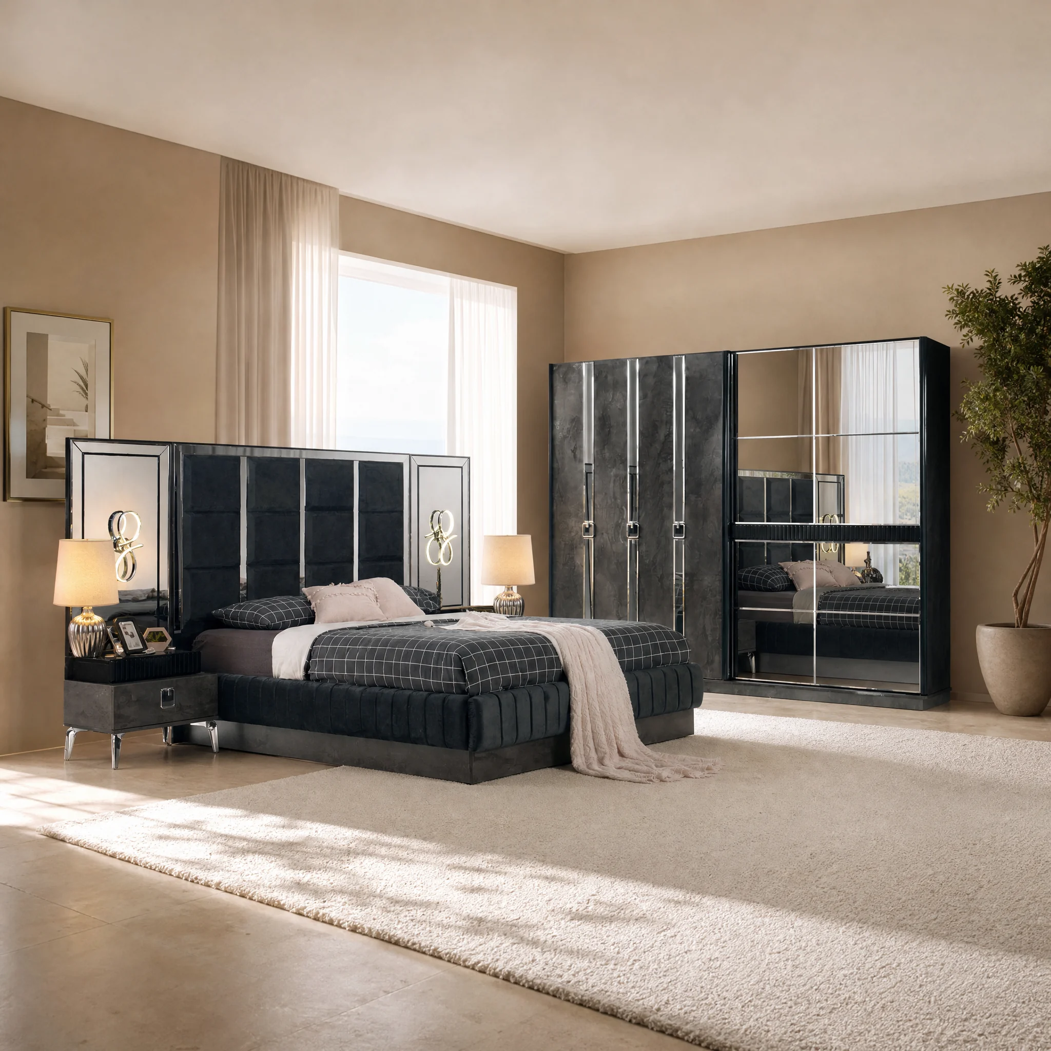 Terrassa Schlafzimmer komplett, Gesamtansicht mit Kleiderschrank, Kommode und Bett