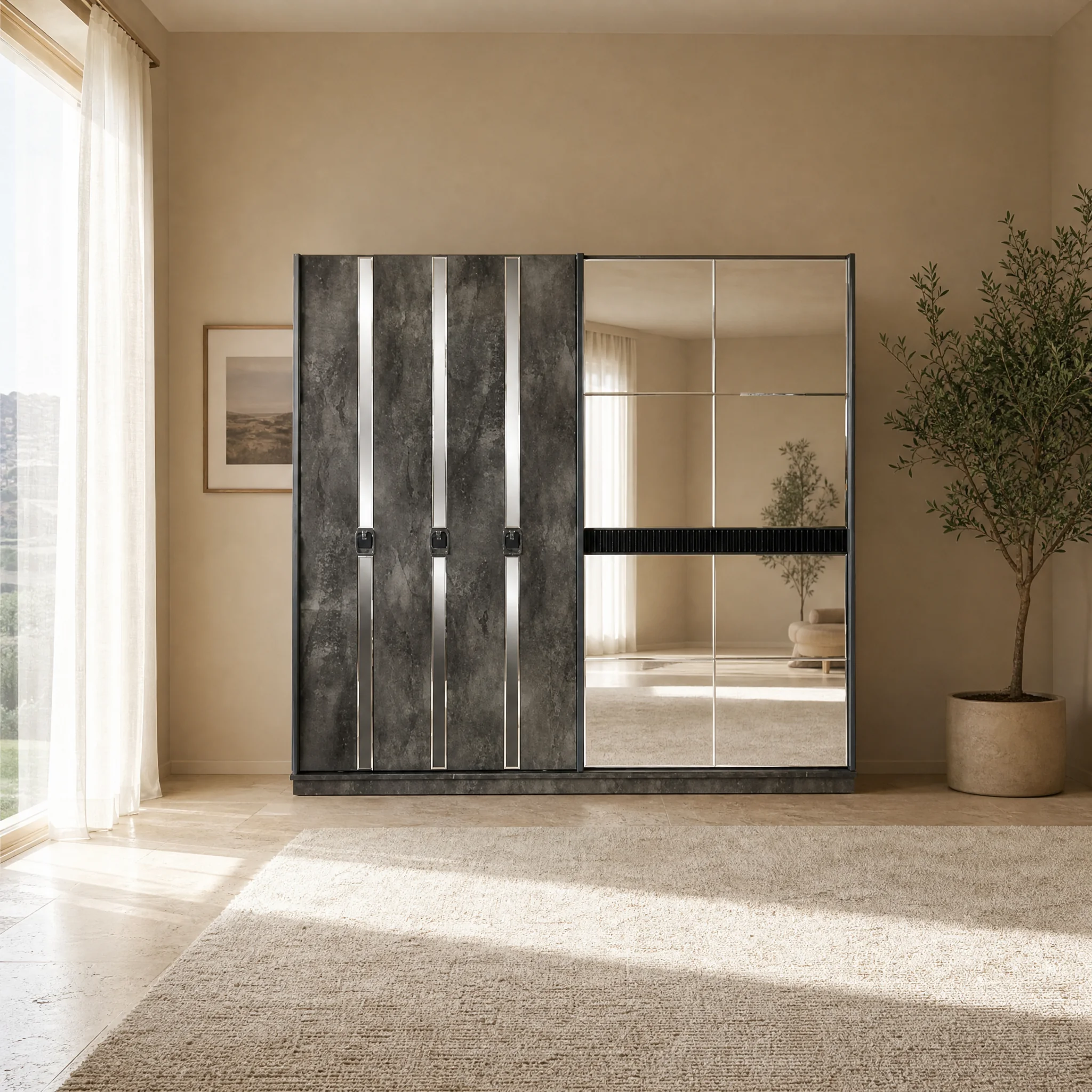 Kleiderschrank 240 cm mit Spiegeltüren, freigestellt aufgenommen