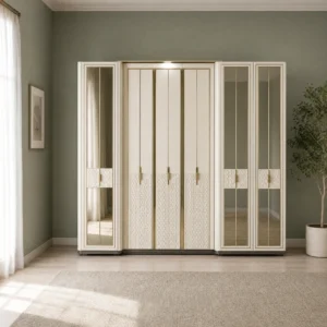 Kleiderschrank 242 cm mit Goldspiegeltüren und Flechtrelief, freigestellt
